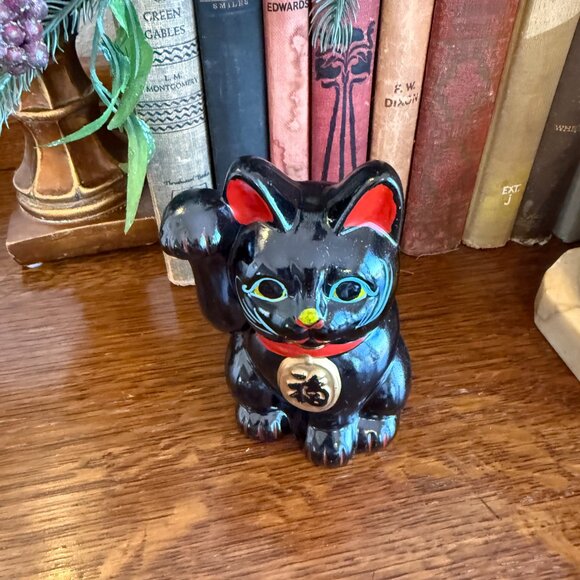 Vintage Maneki-Neko Lucky Black Cat Right Paw Up - Picture 7 of 17